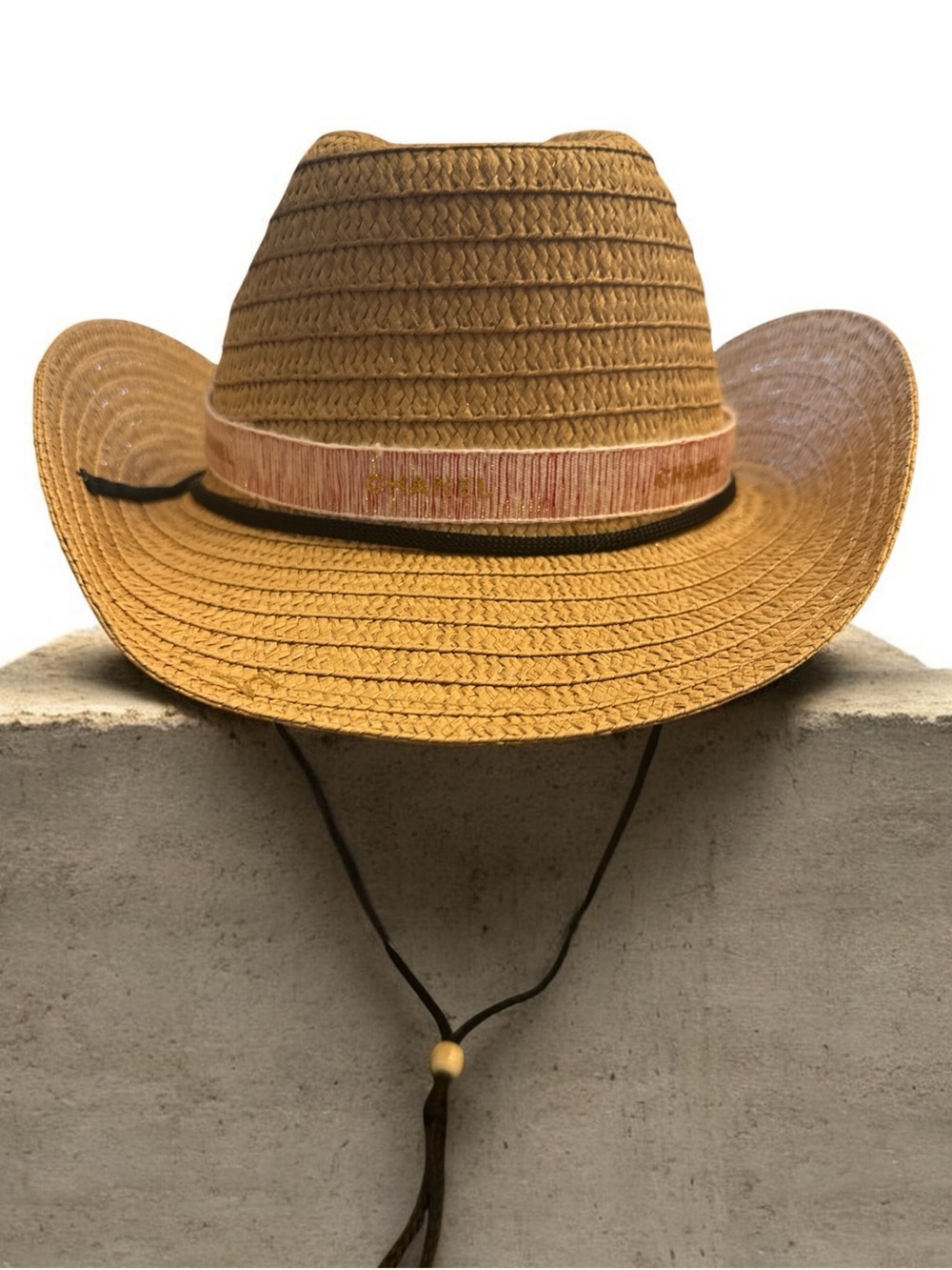 Straw Cowboy Hat with Authentic Chanel Ribbon